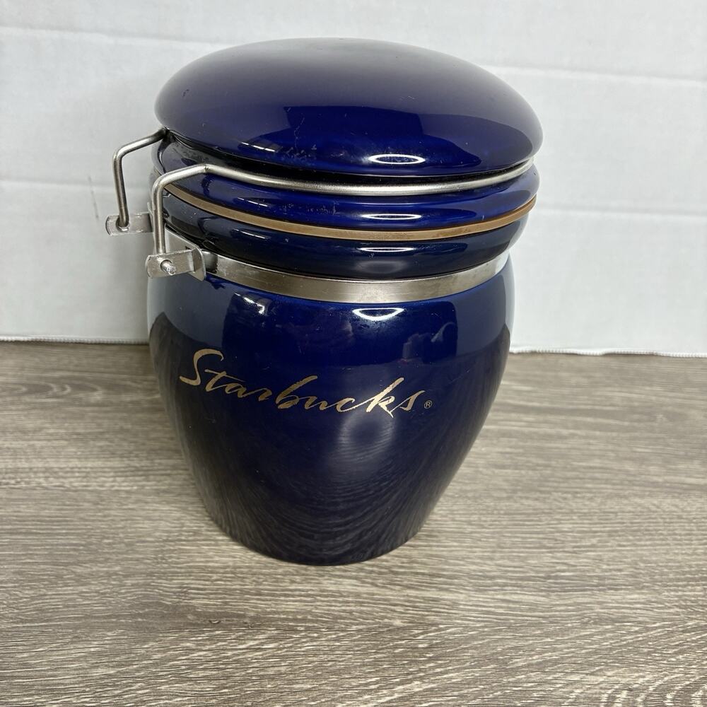 Starbucks Coffee Storage Canister Cobalt Blue Silver Script Logo Jar